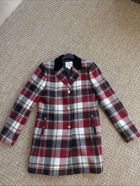 Brooks Brothers Red Black White Plaid Wool Pea Coat